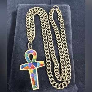 Vtg: Egyptian Revival Multicolored Enamel Ankh Pendant Necklace ••BRASS Mixed